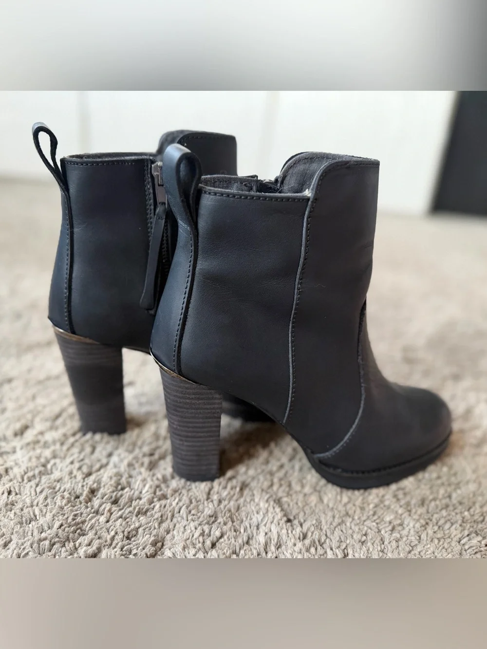French Brand Loft Black Leather Ankle Boots Block Heel Side Zip Women US 8